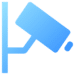 A blue surveillance camera icon is mounted on a pole, facing left, with a simple design.