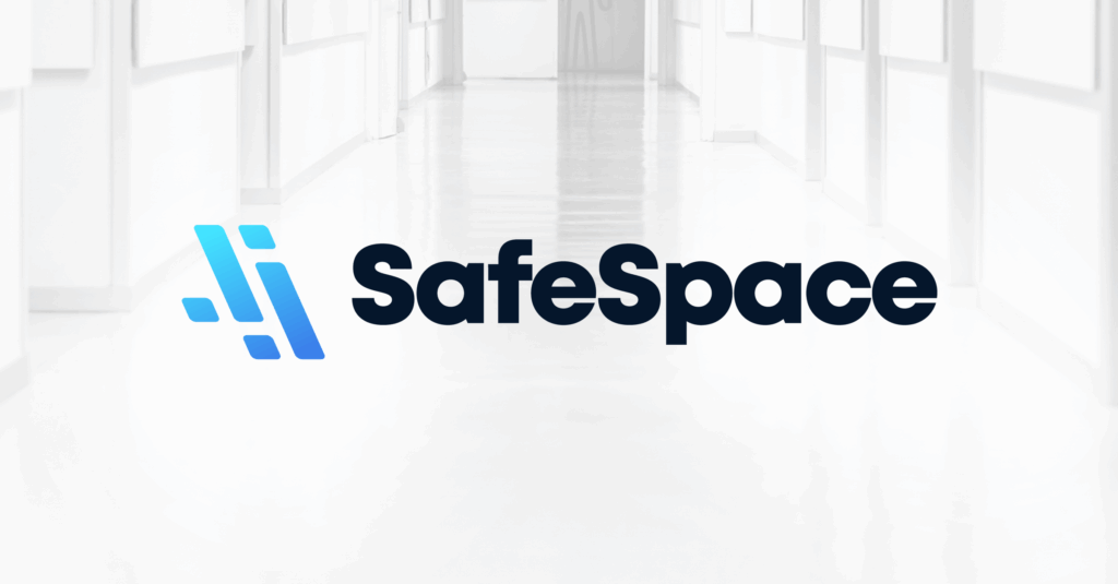 The SafeSpace logo with an abstract blue icon is overlaid on a blurred, brightly lit hallway with white walls and doors.