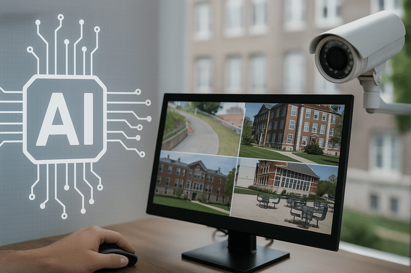 A person uses a desktop computer displaying security camera footage of a campus, with a security camera and an AI graphic visible in the scene.