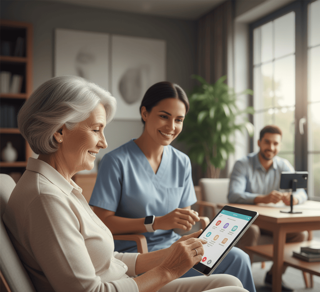 An older woman uses a tablet next to a nurse, with a man seated in the background in a well-lit living room.