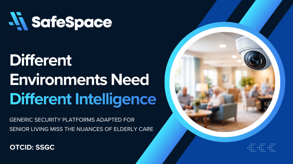 A security camera overlooks a communal area in a senior living facility, with text promoting SafeSpace's specialized security solutions for elderly care environments.