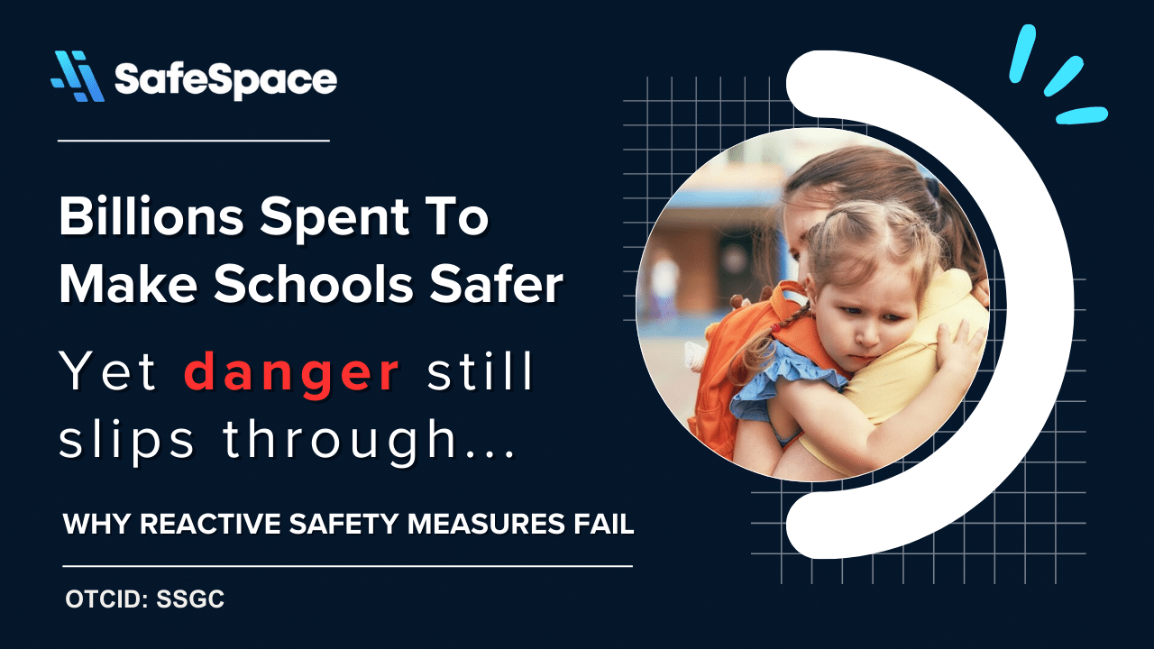 A woman hugs a young girl, with text overlay discussing the shortcomings of reactive school safety measures despite high spending.