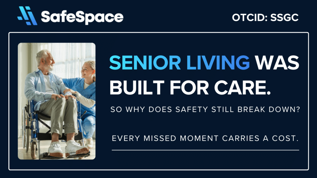 A senior man in a wheelchair sits next to a smiling caregiver. Text reads, "Senior living was built for care. So why does safety still break down? Every missed moment carries a cost.