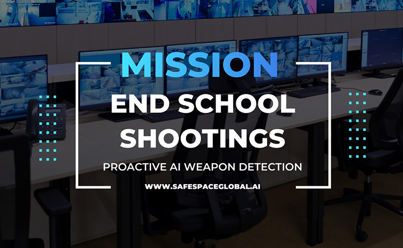 Mission statement graphic promoting AI weapon detection to end school shootings, with a background of security monitors and desks in a control room.