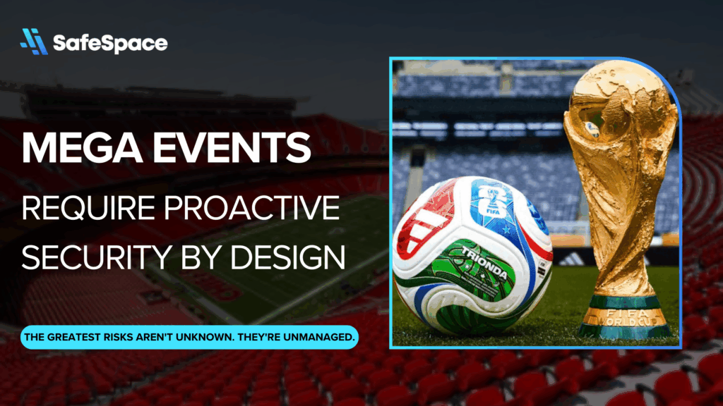 A FIFA World Cup trophy and soccer balls on a field, with text emphasizing proactive security for mega events, set against a stadium background.