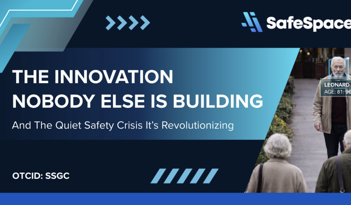 A promotional banner for SafeSpace discusses innovation in safety, featuring elderly people in a public setting and bold text about a safety crisis and the company’s stock ticker symbol, SSGC.