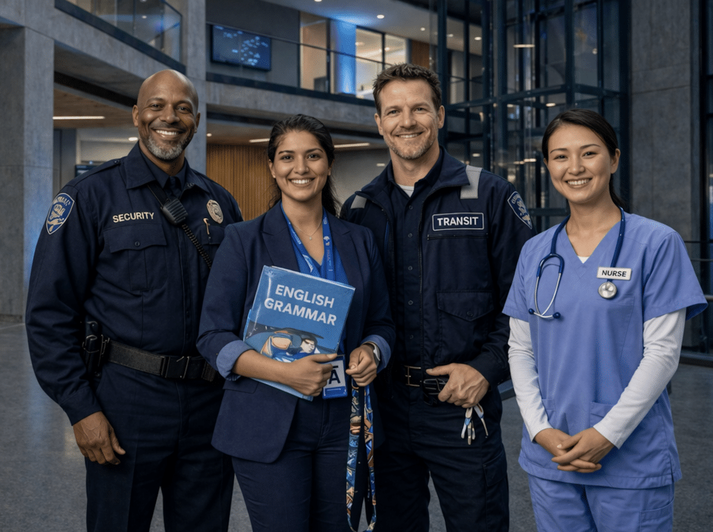 Four professionals—a security officer, a teacher holding an English grammar book, a transit officer, and a nurse—stand together smiling in a modern building lobby.