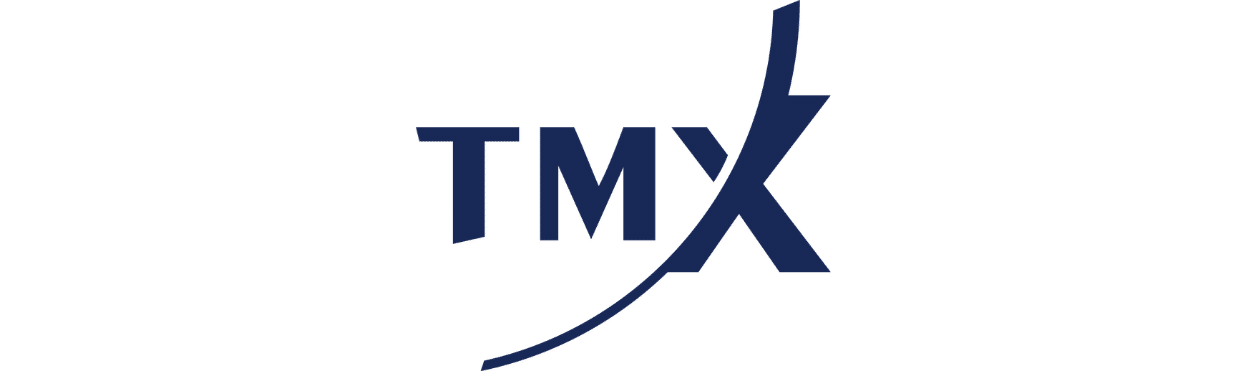 TMX logo featuring bold, dark blue letters "TMX" with a stylized, upward-curving line intersecting the letter "X" on a light background.
