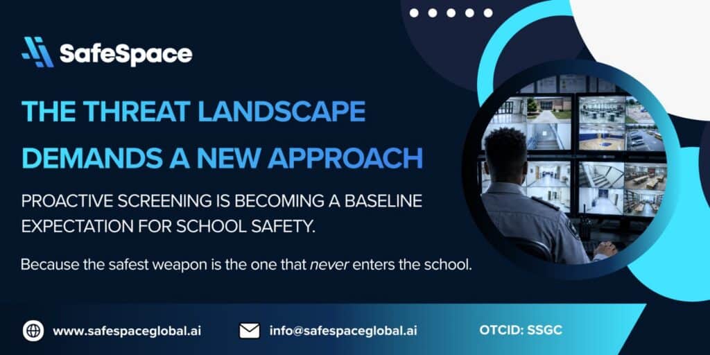 A security professional monitors multiple surveillance screens in a control room. Text promotes proactive screening for school safety by SafeSpace. Contact information and OTCID are shown.