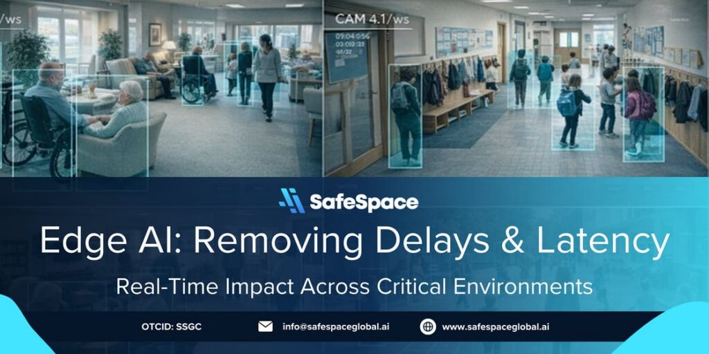 Security camera footage shows Edge AI technology analyzing people in real time in public spaces, highlighting reduced delays and latency for safety and monitoring.