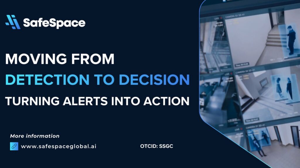 A promotional graphic for SafeSpace shows security camera footage and text reading "Moving from Detection to Decision: Turning Alerts into Action." Website link and OTCID are also displayed.