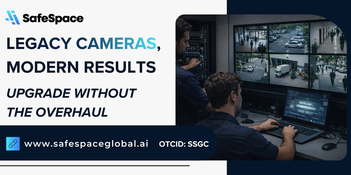Two people monitor multiple security camera feeds in a control room. Text promotes upgrading legacy cameras without a full overhaul. SafeSpace branding and website are visible.