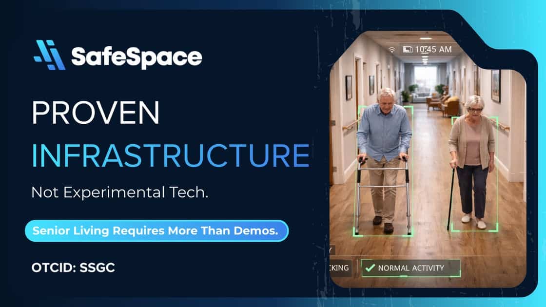Two seniors walk in a hallway using mobility aids while a monitoring system detects their activity; SafeSpace branding and tech features are highlighted.