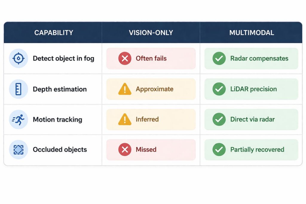 Comparison table showing detection capabilities of vision-only vs. multimodal sensors in fog, depth estimation, motion tracking, and occluded objects, with multimodal outperforming vision-only.