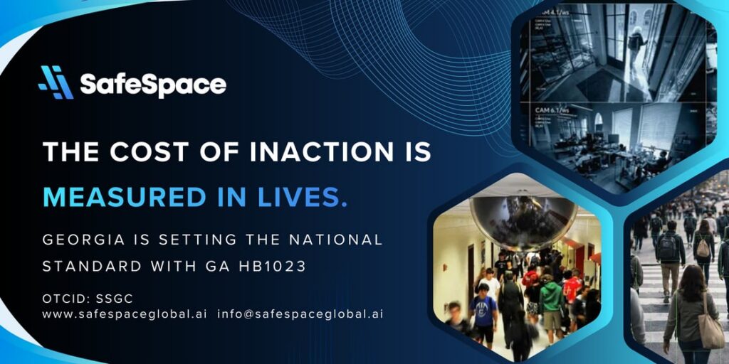 Promotional graphic for SafeSpace featuring a slogan about the cost of inaction, surveillance camera footage, and contact information for the company.
