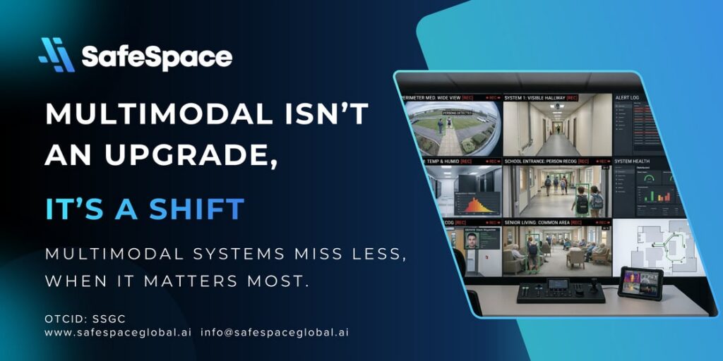 A promotional graphic for SafeSpace highlights multimodal systems with surveillance camera feeds and the text, "Multimodal isn’t an upgrade, it’s a shift.
