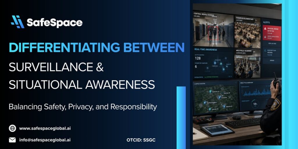 A promotional SafeSpace graphic compares surveillance with situational awareness, showing security monitors and a uniformed officer, and includes contact information and a web address.
