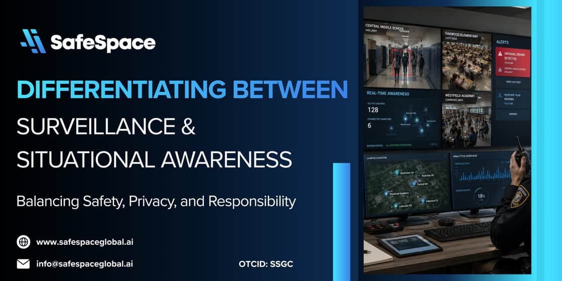 A promotional SafeSpace graphic compares surveillance with situational awareness, showing security monitors and a uniformed officer, and includes contact information and a web address.
