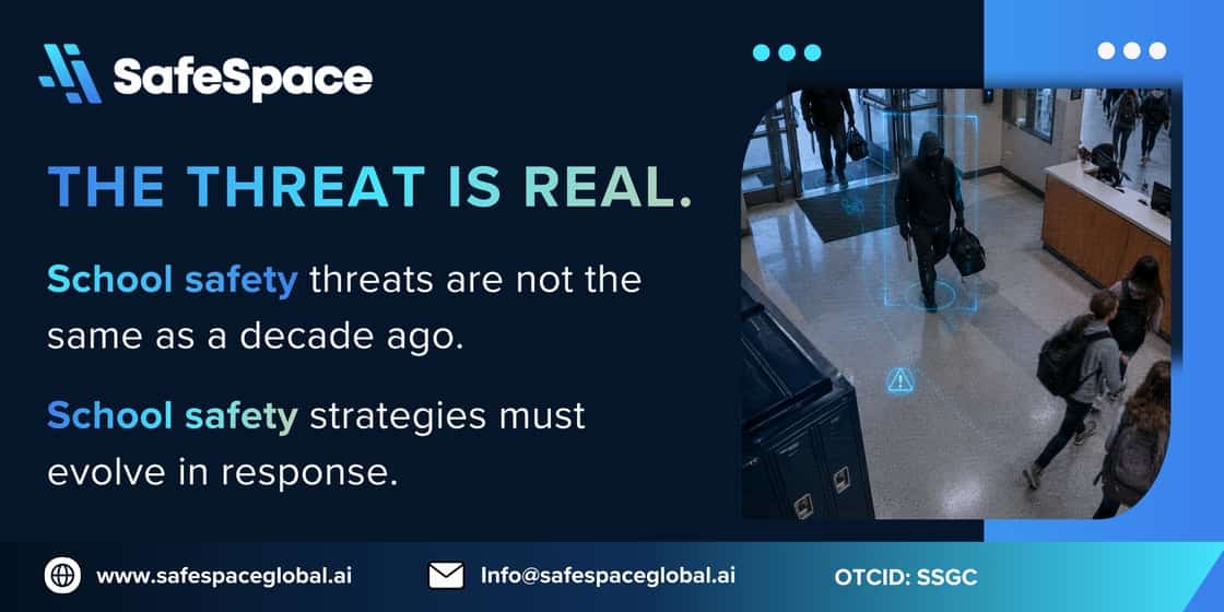 A digital poster by SafeSpace highlights evolving school safety threats, featuring a security camera view of students in a hallway with digital monitoring graphics.