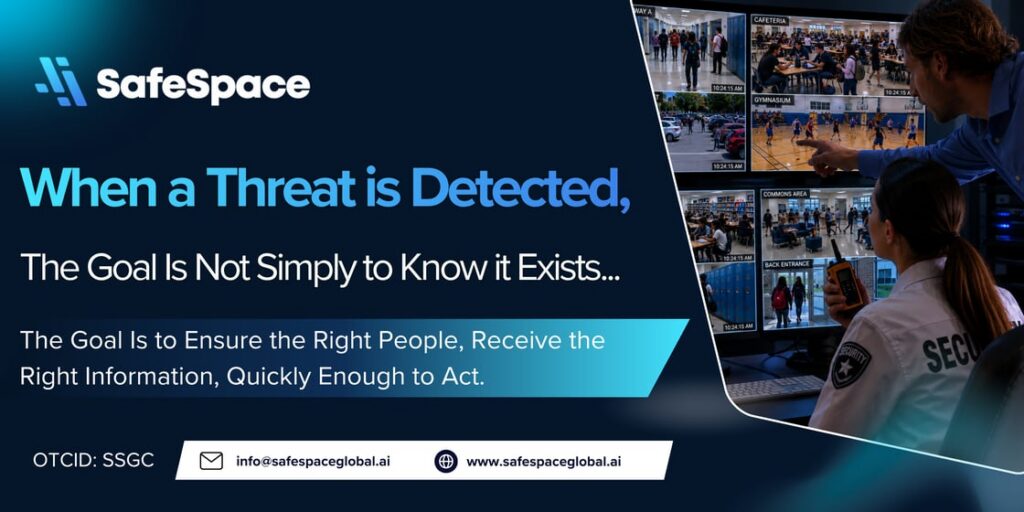 Security personnel monitor multiple live camera feeds on computer screens in a control room. Text highlights the goal of prompt threat detection and response. SafeSpace branding is visible.