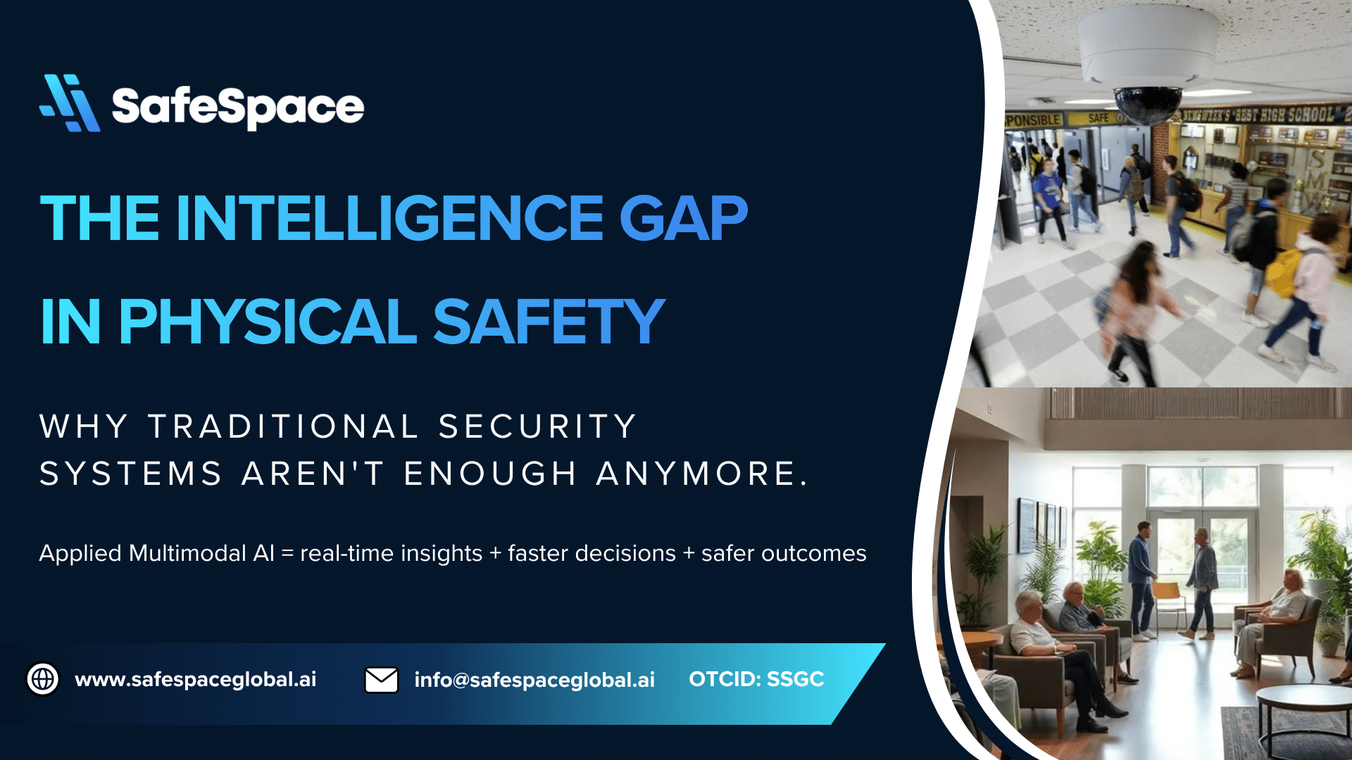 SafeSpace promotional graphic with text about physical safety and AI, featuring images of a security monitoring room, a busy hallway, and a lobby. Contact info and branding elements are included.