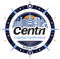 Logo for Centri Capital Conference featuring a city skyline, compass design, and text: "Centri Capital Conference NASDAQ | NYC.