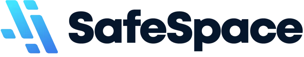SafeSpace logo featuring stylized blue lines forming an abstract shape to the left of the bold, dark text "SafeSpace" on a light background.