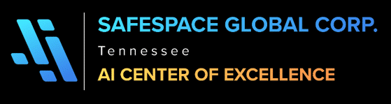 Logo for SafeSpace Global Corp. Tennessee AI Center of Excellence, featuring blue and orange gradient text and abstract blue icon on a black background.